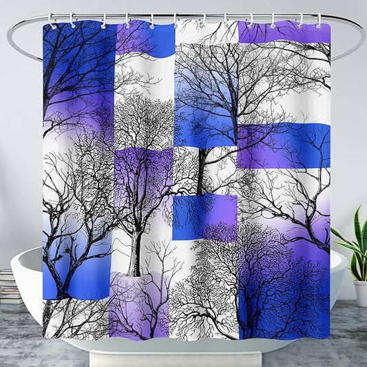 AILONEN Blue and White Tree Abstract Shower Curtain,Minimalist Printed Plant Tree Arts Bath Curtain,Modern Boho Waterproof Curtain for Bathroom Decor, 72" W x 78" H