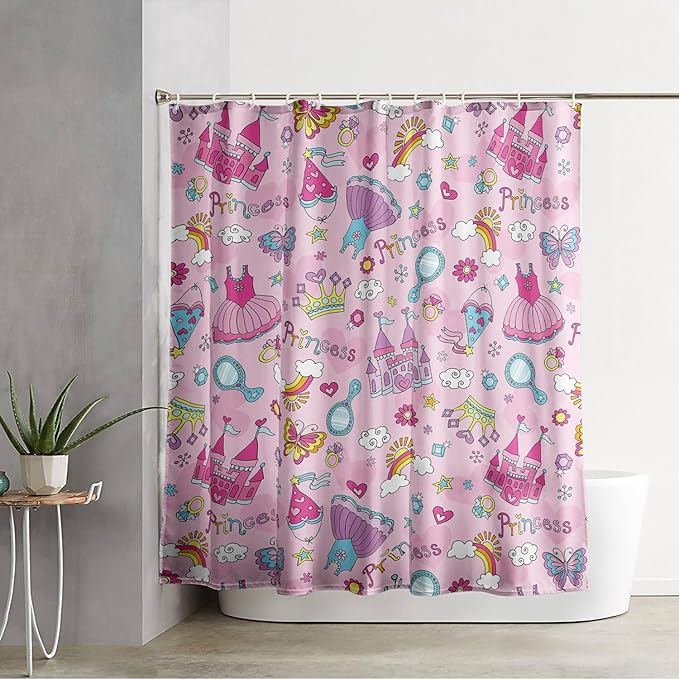 AILONEN Princess Dress Shower Curtain,Cartoon Sparkling Star Diamond Waterproof Shower Curtain Set for Girls Kids Teens, 36" W*72" H Pink Castle Jewelry Shower Curtain for Bathroom
