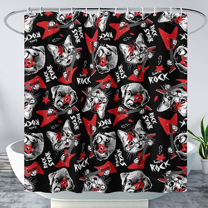 AILONEN Kitten and Puppy Shower Curtain,Rock Kitten Puppy Bath Curtains for Kids Boys Girls,Animal Polyester Waterproof with 12 Plastic Hooks 48" W*72" H