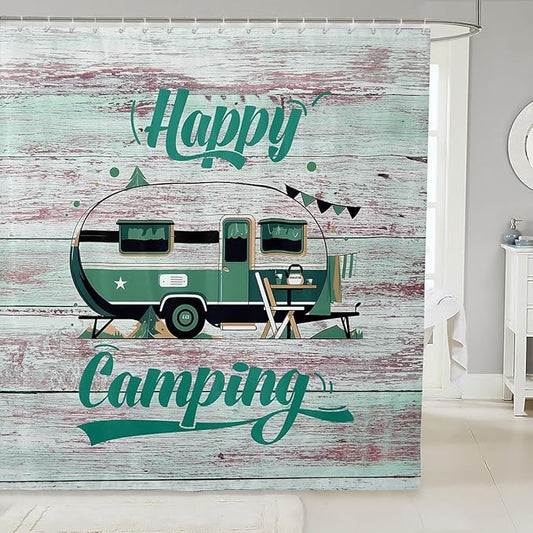 Feelyou Camper Shower Curtain Camping Bathroom Shower Curtain Set Happy Camping Bath Curtain for Kids Boys Girls Cartoon Camping Kids Bathroom Accessories 72"x84"