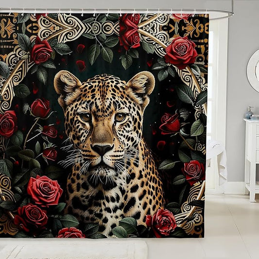 Feelyou Rose Leopard Bathroom Shower Curtain Set Boys Leopard Shower Curtain Leopard Bath Curtain for Kids Boys Girls Wild Leopard Kids Bathroom Accessories Wild Animal 72"x84"