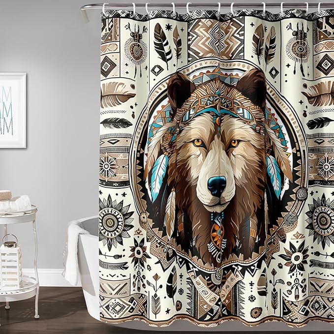 AILONEN Dreamcatcher Wolf Shower Curtain for Bathroom Decor,Retro Boho Wolf Bath Curtain for Kids Boys Girls,Print Polyester Waterproof with 12 Plastic Hooks 36" W*72" H
