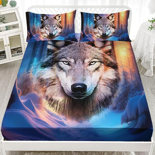 AILONEN Wolf Fitted Sheet Set Twin XL Size, Winter Forest Wildlife Bedding Set Wolf Sheet Set for Boys Teen Kids,Safari Wolf Printed Bed Sheet Set Wolf Fitted Sheet with 2 Pillowcases,3 Pieces