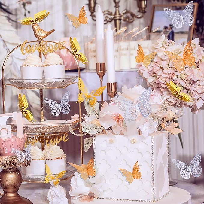 SAOROPEB 3D Butterfly Wall Decor, 72 Pcs 3 Styles 3 Sizes, Removable Metallic Wall Decor Sticker Room Mural Decals for Kids Bedroom Nursery Classroom Party Decoration Wedding Decor DIY Gift (3 Color)