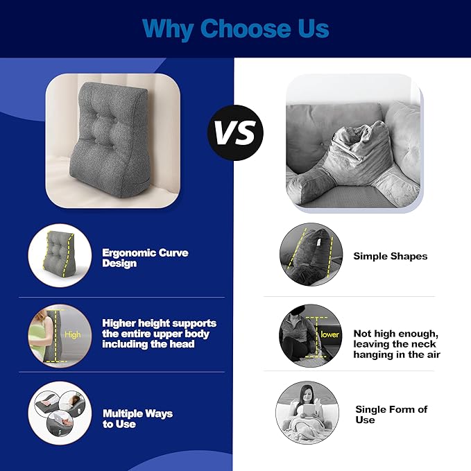 Daneey Bed Pillows for Sitting up in Bed, Reading Pillows for Sitting in Bed Adult, Back Pillow for Bed Sitting Up, Back Support Pillow for Bed Removable Breathable Cover, Gray