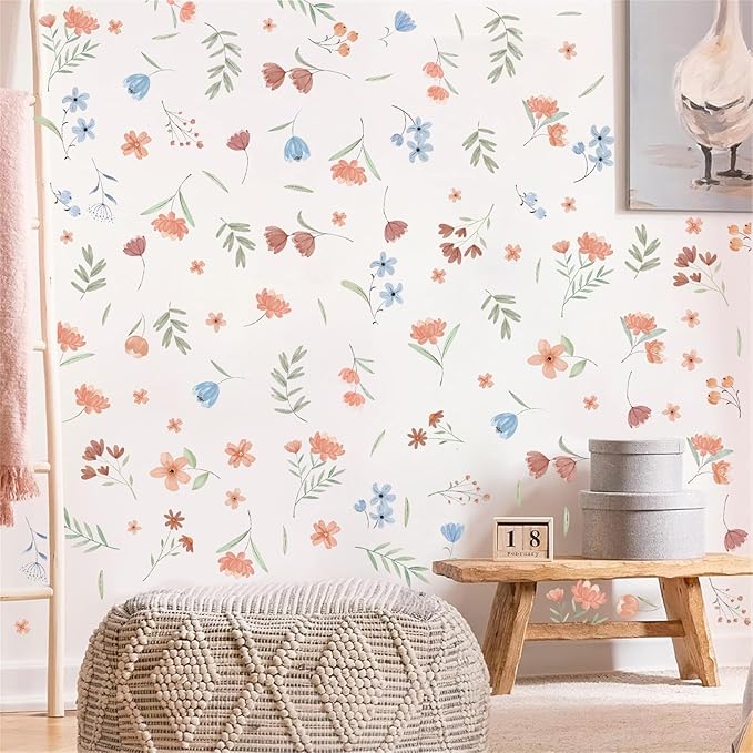 Boho Floral Wall Decals Small Flower Leaf Wall Stickers Watercolor Wildflower Botanical Plant Leaves Wall Stickers Removable Boho Flower Wall Decals for Nursery Kids Room Girls Bedroom Decor