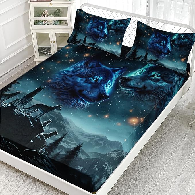 AILONEN Boys Wolf Fitted Sheet Set Full Size, 3 Pieces Evening Starry Bedding Set Wild Animal Wolf Sheet Set for Boys Men Kids,Wildlife Bed Sheet Set Wolf Fitted Sheet with 2 Pillowcases