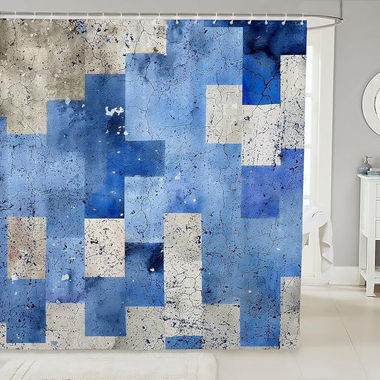 Feelyou Kids Geometric Blue Shower Curtain Geometry Bath Curtain Boys Girls Checkered Bathroom Shower Curtain Set Modern Art Teens Bathroom Accessories Room Decor 72"x84"