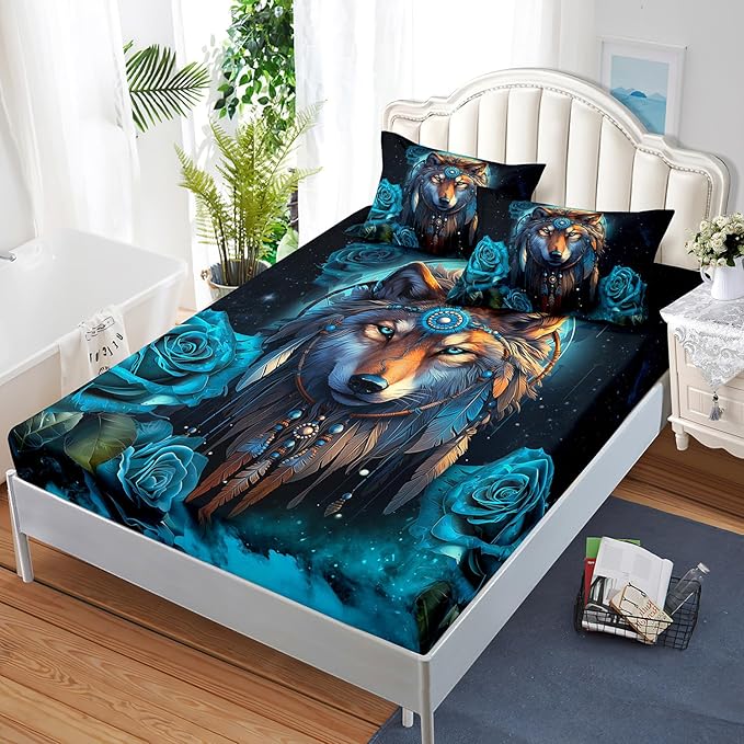 AILONEN Wolf Fitted Sheet Set Full Size Dream Catcher Bed Sheet Set, Blue Rose Smoke Wolf Sheet Set for Boys Girls,Animal Wolf Fitted Sheet with 2 Pillowcases,3 Pieces
