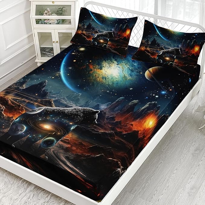 AILONEN Panther Fitted Sheet Set Full Size, Galaxy Starry Planet Volcano Boys Black Bear Bed Sheet Set,3 Pieces Printed Fitted Sheet with 2 Pillowcases