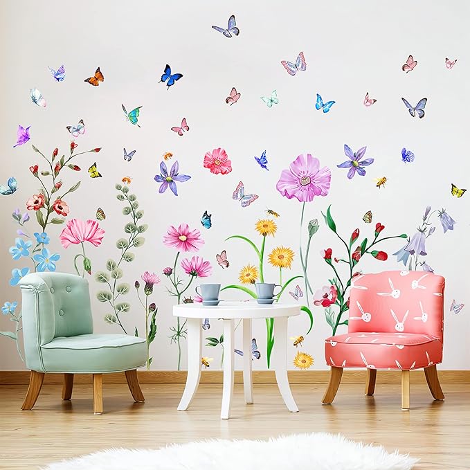Colorful Flower Wall Stickers with Butterfly and Bee 58 Pcs Removable Flower Wall Decals DIY Peel and Stick Art Wall Decor Mural for Nursery Baby Kids Bedroom Living Room Kitchen Home Decoration