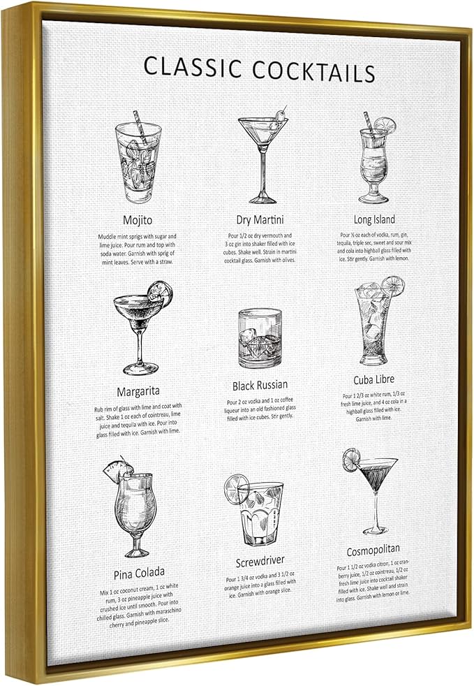 Stupell Industries Classic Cocktails Mixed Drinks Kitchen Bar Sign Chart, Design by Lettered and Lined