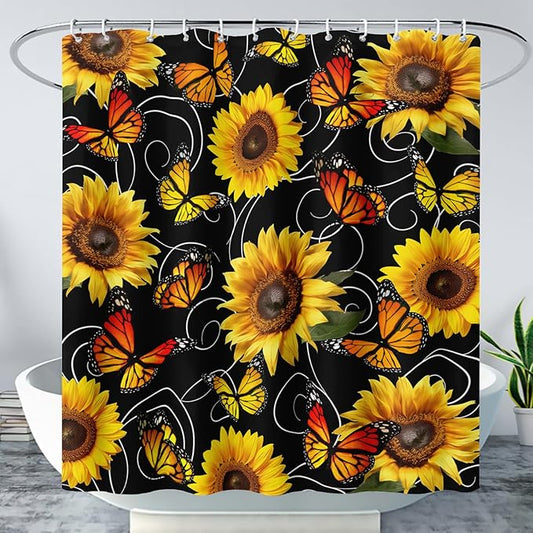 AILONEN Yellow Sunflower and Butterfly Shower Curtain,Garden Flower Black Bath Curtain,Modern Botanical Floral Waterproof Shower Curtain, 72" W x 78" H