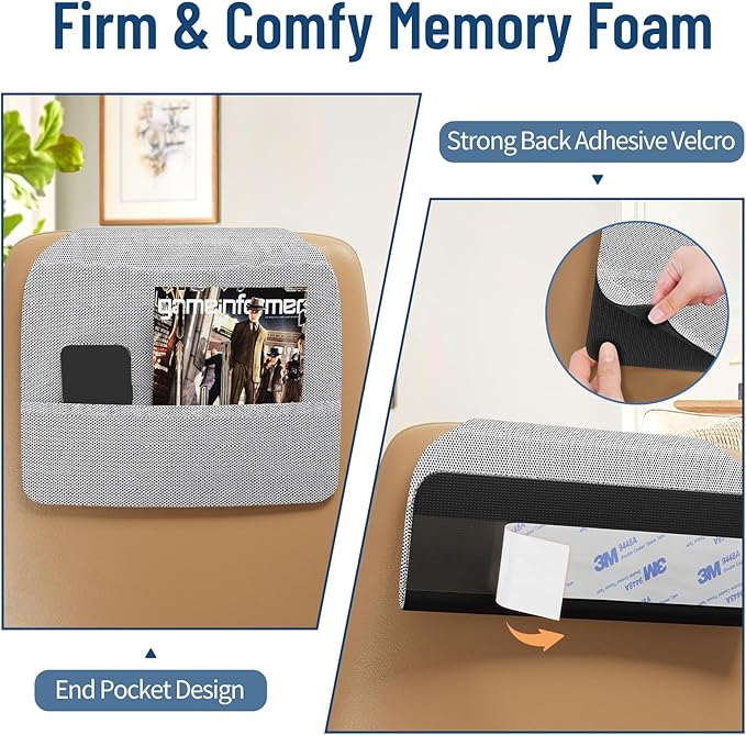 PouHenier.jh Ergonomic Headrest Pillow for Recliner Chair Sleeping Neck Support, Memory Foam Head and Neck Cushion Pillow with Adjustable Velcro for Sofa, Couch, Office Chair, Side and Rear Pockets