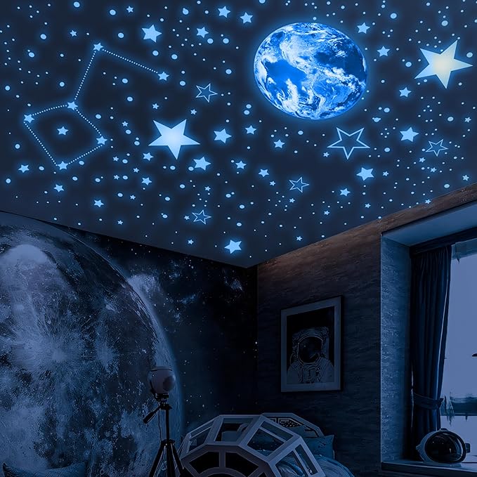 965 PCS Glow in The Dark Stars and Earth for Ceiling, Luminous Stars and Planet Wall Decals, Kids Room Decor, Glowing Galaxy Wall Stickers for Nursery Decorations (Blue)