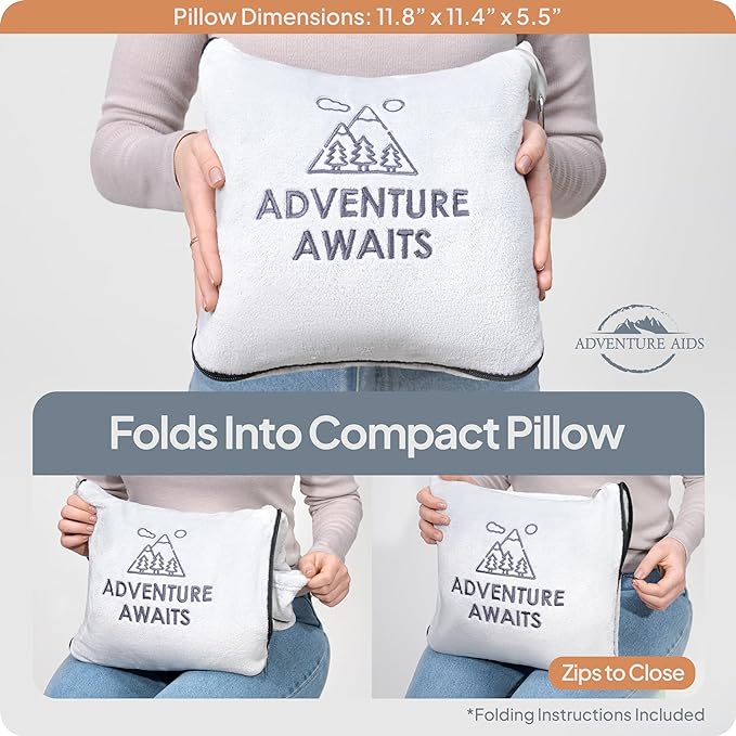 Travel Pillow and Blanket Set - Super Soft 2 in 1 Blankets with Cozy Hand & Feet Pouches Zip into Plush Pillows - Large Size Wraps You in Warmth on Airplanes - Luggage Sleeve & Backpack Clip (Gray)