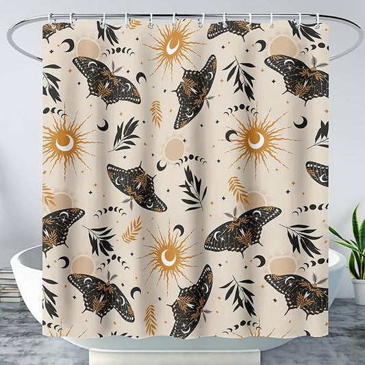 AILONEN Moth Shower Curtain,Sun and Moon Death Moth Bath Curtain for Bathroom Decor,Polyester Waterproof with 12 Plastic Hooks 60" W*72" H