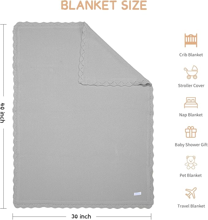 Cotton Baby Blankets 100% Knit Soft Warm Lace Toddler Newborn Nursery Receiving Blankets,30 X 40 Inches, Light Gray