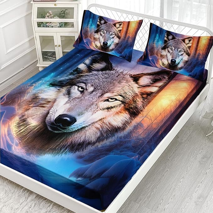AILONEN Wolf Fitted Sheet Set Twin XL Size, Winter Forest Wildlife Bedding Set Wolf Sheet Set for Boys Teen Kids,Safari Wolf Printed Bed Sheet Set Wolf Fitted Sheet with 2 Pillowcases,3 Pieces