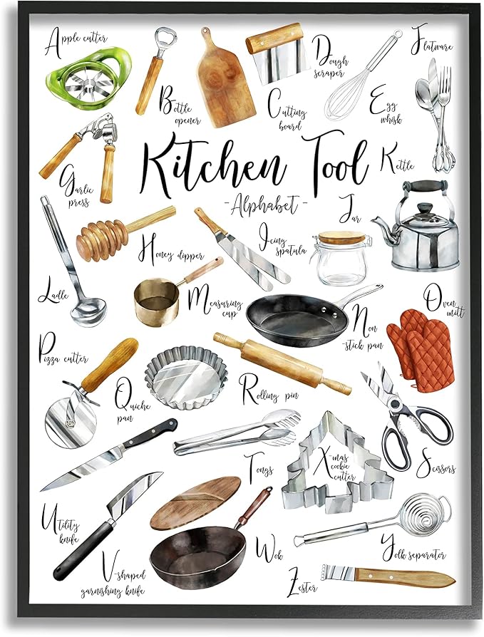 Stupell Industries Kitchen Tool Alphabet Cooking Accessory ABC Chart, Designed by Ziwei Li Black Framed Wall Art, 24 x 30, Multi-Color