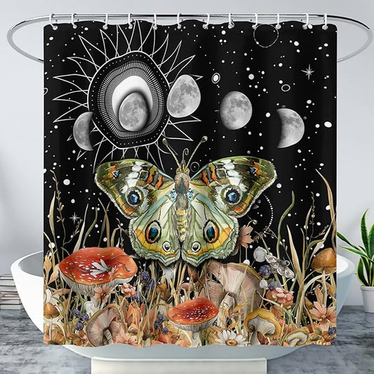 AILONEN Moth Shower Curtain,Sun and Moon Shower Curtain Set for Kids Girls Boys,Boho Natural Mushroom Plants Bath Curtain,Starry Night Bathroom Decor Shower Curtain with 12 Hooks,72" W*78" H
