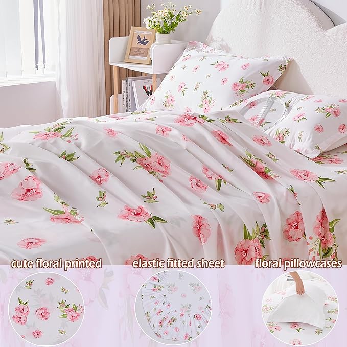 Queen Sheet Set White Pink Floral Bed Sheets Set Cute Soft Microfiber Cooling Sheets 4 Pieces Queen Size Bed Set Wrinkle Free, 15 inch Deep Pocket Fitted Sheet, Flat Sheet, Pillowcases