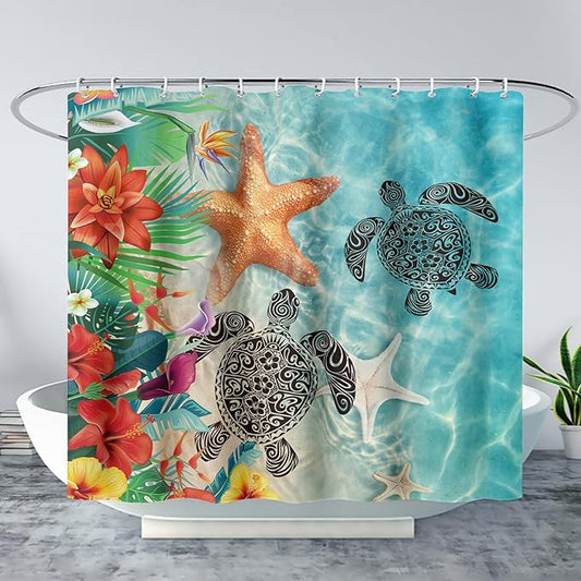 AILONEN Sea Turtle Shower Curtain,Sea Turtle with Starfish Bath Curtain Cloth Fabric Bathroom 72" W*96" H Inch,12 Pack Hooks for Kids,Ocean Themed Bathroom Curtain