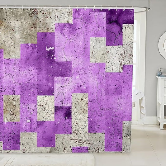 Feelyou Kids Geometric Purple Bathroom Shower Curtain Set Geometry Bath Curtain Boys Girls Checkered Shower Curtain Modern Art Teens Bathroom Accessories Room Decor 72"x84"