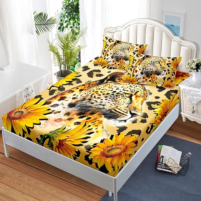 AILONEN Leopard Fitted Sheet Set for Boys, 3 Pieces Queen Yellow Sunflower and Animal Cheetah Leopard Printed Fitted Sheet Set for Kids Adults,1 Fitted Sheet with 2 Pillowcases