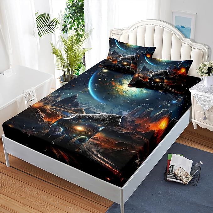 AILONEN Panther Fitted Sheet Set Queen Size, Galaxy Starry Planet Volcano Boys Black Bear Bed Sheet Set,3 Pieces Printed Fitted Sheet with 2 Pillowcases