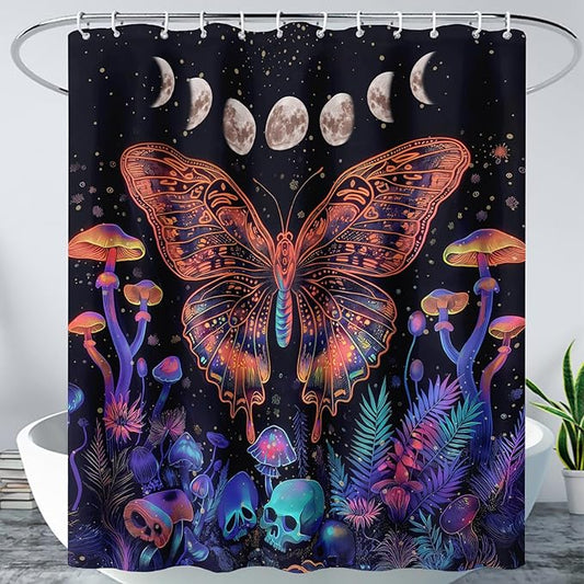 AILONEN Colorful Butterfly Shower Curtain,Magic Mushroom Waterproof Fabric Bath Curtain for Kids Girls,Boho Sun and Moon Skull Shower Curtain Set for Bathroom 60" W*72" H