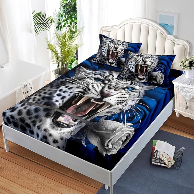 AILONEN Leopard Fitted Sheet Set Twin XL Size, Roaring Cheetah Print Bed Sheet Set,Blue Rose Bedding Grey Leopard Sheet Set,Wildlife Bed Sheet Set Animal Themed Fitted Sheet and 2 Pillowcases,3 Pieces