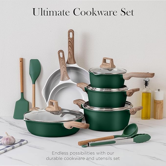 Country Kitchen Pots and Pans Set Nonstick, Cast Aluminum Kitchen Cookware Set with Utensils, 14 Pcs Non Stick Cooking Set w/Frying Pans & Saucepans