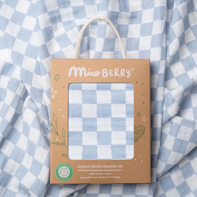 Miaoberry Checkered Muslin Swaddle Set, 100% Organic Cotton, Mist Blue,Checkerboard, Gender-neutral, with matching bow, hat and wooden baby arrival/announcement card
