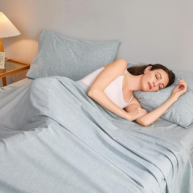 Queen Sheets Blue, Ultral Soft Cationic Linen Look Sheets, Luxury Cooling Cozy Bed Sheet Set with Non-Slip Fitted Sheet