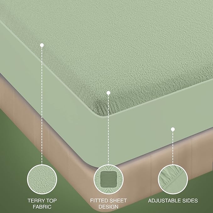 Utopia Bedding Waterproof Mattress Protector Queen Size, Premium Terry Mattress Cover 200 GSM, Breathable, Fitted Style with Stretchable Pockets (Sage)