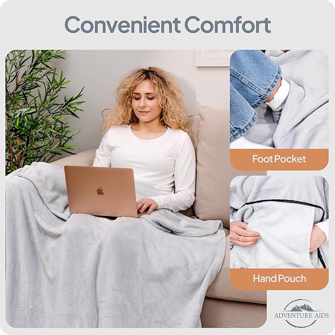 Travel Pillow & Blanket Set - Super Soft 2 in 1 Blanket with Cozy Hand & Feet Pouches Zip into Plush Pillows - Large Size Wraps You in Warmth on Airplanes - Luggage Sleeve & Backpack Clip (Gray)
