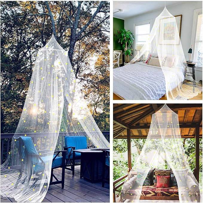 Daksha Princess Bed Canopy for Girls with Glowing Stars, Bed Curtains for Kids, Ceiling Tent, White Room Decor, Fits Twin, Full and Queen Size Beds