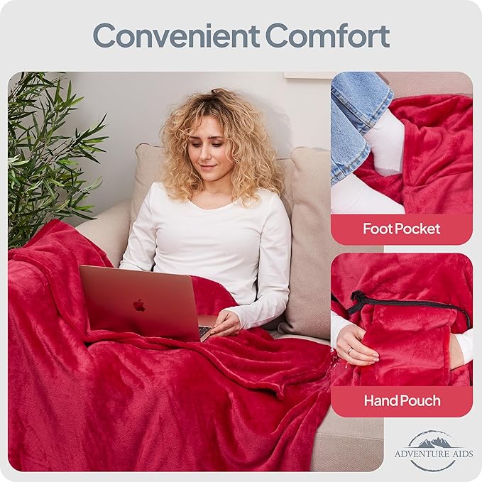 Travel Pillow & Blanket Set - Super Soft 2 in 1 Blankets with Cozy Hand & Feet Pouches Zip into Plush Pillows - Large Size Wraps You in Warmth on Airplanes - Luggage Sleeve & Backpack Clip (Teal/Red)