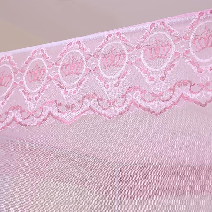 Bed Canopy, Princess Bed Curtain Net for Girls & Adults,Three-Doors Rectangle Lace Dome Netting (Baby Pink, Queen)