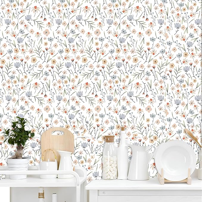 Floral Wallpaper Boho Flower Wall Decor Stickers Flower Leaf Wall Papers Botanical Plant Floral Leaves Wall Decals Peel and Stick Removable Boho Wallpapers for Nursery Bedroom Living Room Decor