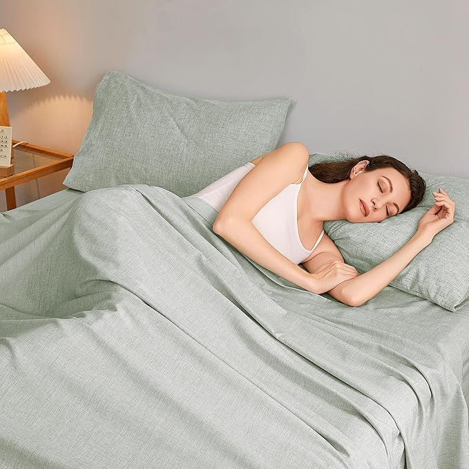 King Sheets Sage Green, Ultral Soft Cationic Linen Look Sheets, Luxury Cooling Cozy Bed Sheet Set with Non-Slip Fitted Sheet