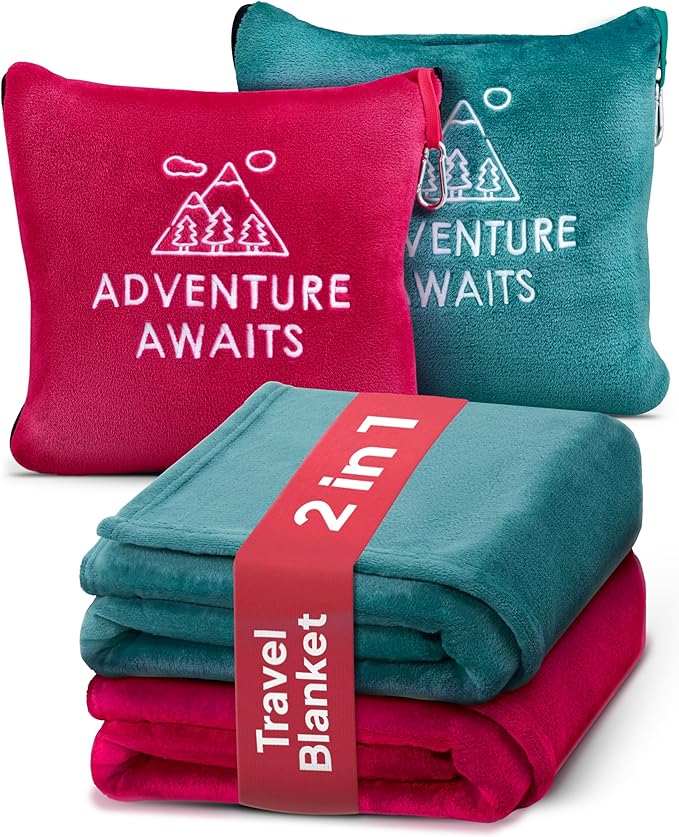 Travel Pillow & Blanket Set - Super Soft 2 in 1 Blankets with Cozy Hand & Feet Pouches Zip into Plush Pillows - Large Size Wraps You in Warmth on Airplanes - Luggage Sleeve & Backpack Clip (Teal/Red)