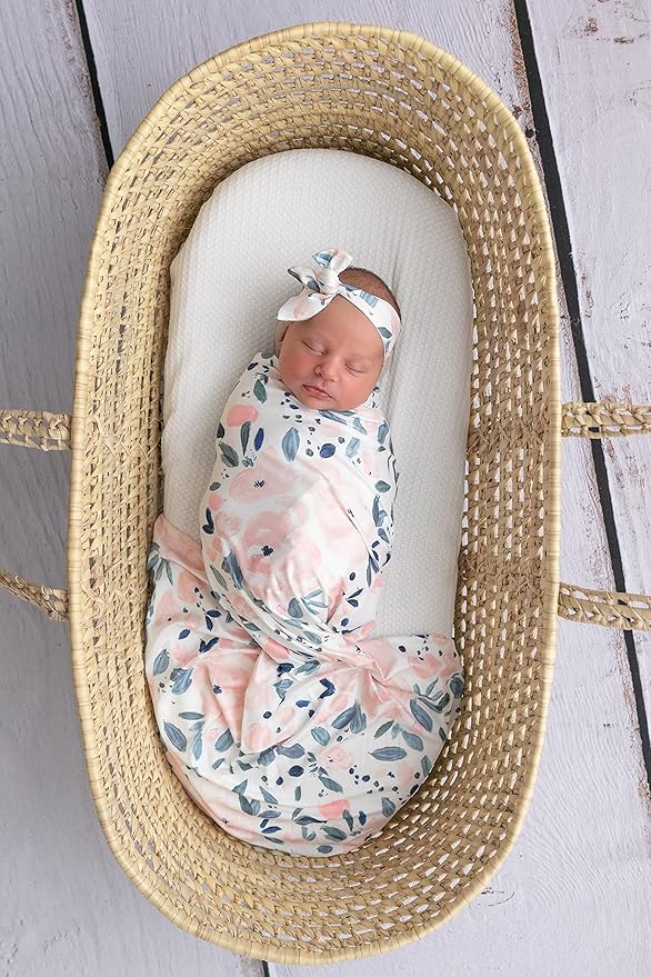 Newborn Baby Girl Receiving Blanket Swaddle Blanket Stretchy Knit Swaddle Set with Matching Headband and Beanie (Ink and Pink Floral)