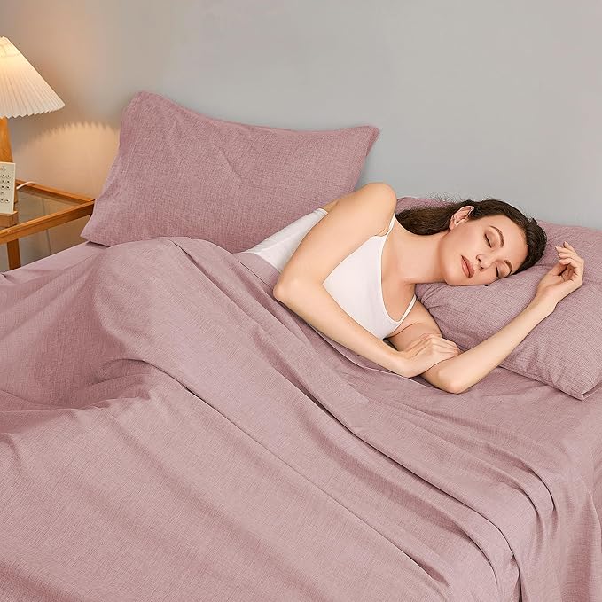 Queen Sheets Wine Red, Ultral Soft Cationic Linen Look Sheets, Luxury Cooling Cozy Bed Sheet Set with Non-Slip Fitted Sheet