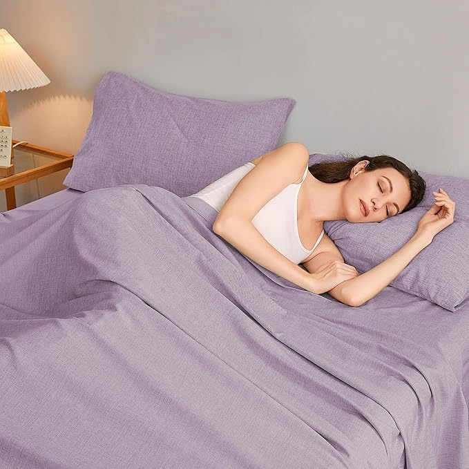 Queen Sheets Purple, Ultral Soft Cationic Linen Look Sheets, Luxury Cooling Cozy Bed Sheet Set with Non-Slip Fitted Sheet