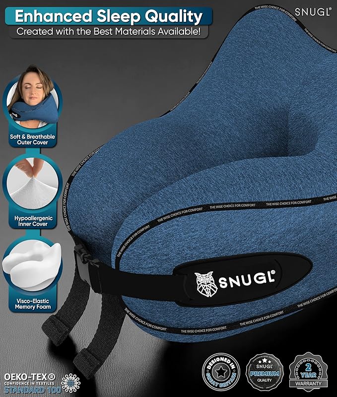 SNUGL Neck Travel Pillow - Memory Foam Airplane Pillow - Flight Pillow | Neck Support Travel Pillow with Carry Bag & Clip | Neck Pillows for Sleeping Travel Plane | Flying Travel Essentials - Blue