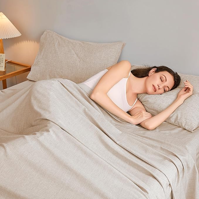 Twin Sheets Brown, Ultral Soft Cationic Linen Look Sheets, Luxury Cooling Cozy Bed Sheet Set with Non-Slip Fitted Sheet