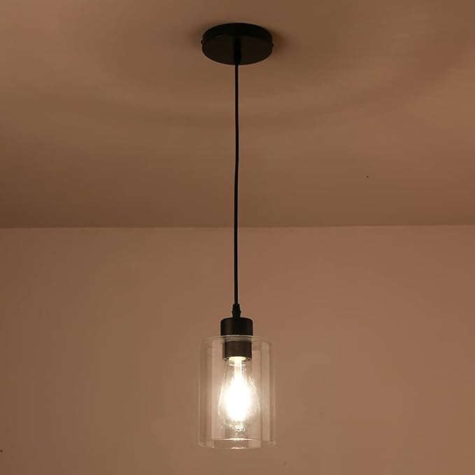 Modern Black Farmhouse Clear Glass Cylinder Pendant Light Fixture,Mini Pendant Lighting for Kitchen Island Decor - 4.75 Inch Shade, 2-58 Inch Cord (Black 3 Pack)