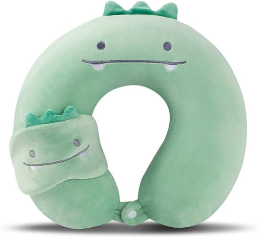 Kids Neck Pillow for Travel with Sleep Eye Mask, Cute Travel Neck Pillow, Memory Foam Flight Sleeping Headrest Pillow for Boys & Girls, Airplane, Train, Car, Home Use - Green Dinosaur